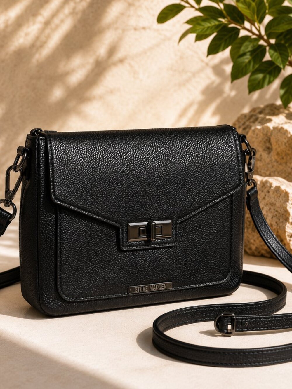 Steve Madden Black Pebbled Crossbody Bag Turn Lock Zip Shoulder Purse